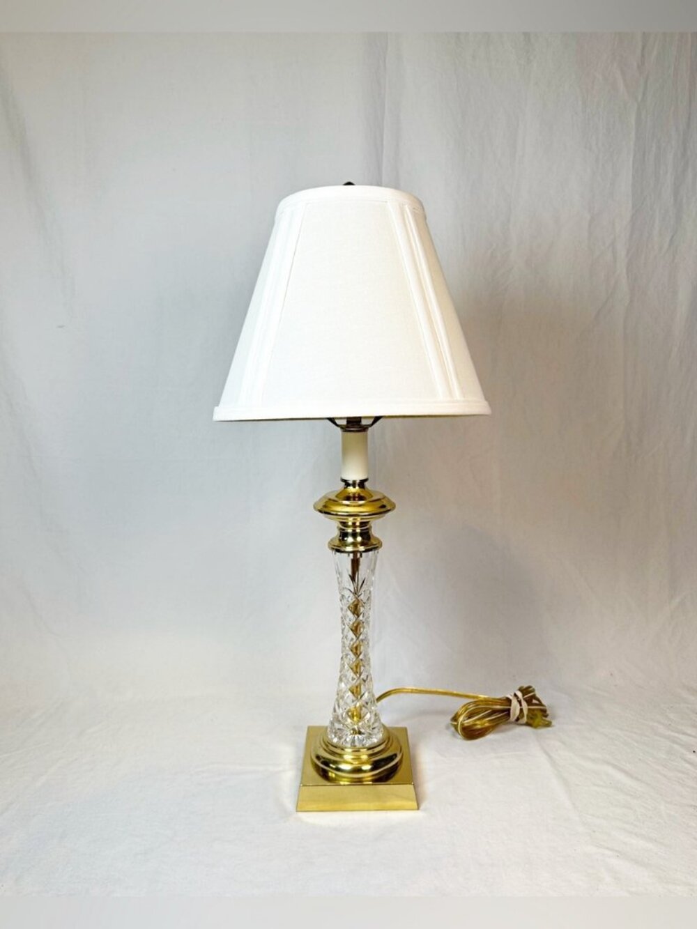 Vintage Leviton Diamond Cut Killarney Crystal and Brass Table Lamp with Shade